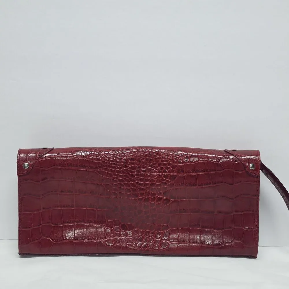 Claudia Firenze Croc Embossed Studded Clutch In Burgundy Red Leather Italy